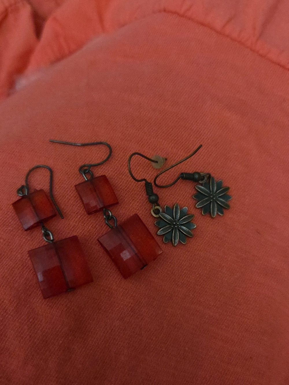 Red Dangle Gemstone Earrings and Floral Charm Earrings - Unbranded